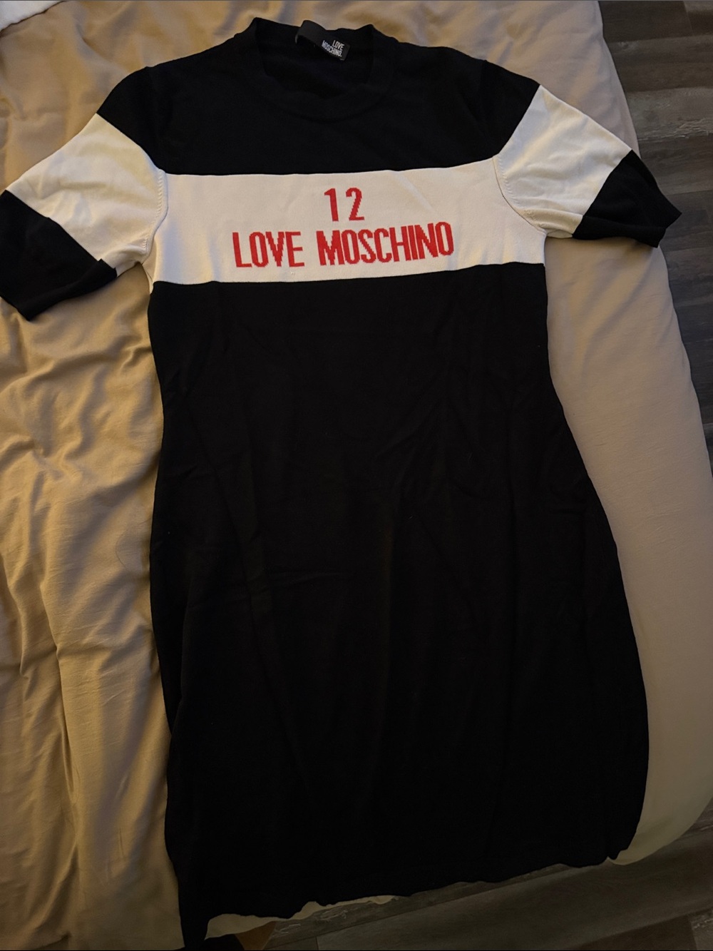 Love Moschino Black White Knit Dress with Red Logo
